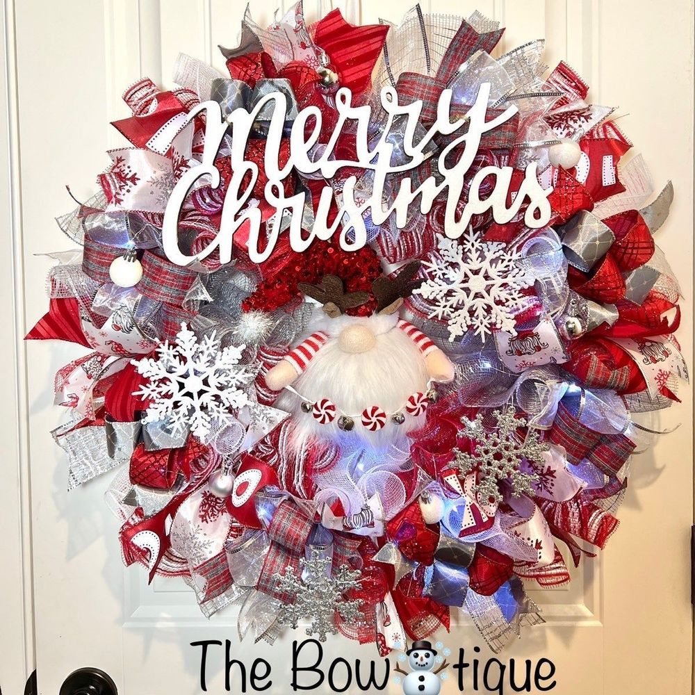 Handmade Christmas Reindeer Gnome Holiday Ribbon Door Wreath 26 ins LED XLW4